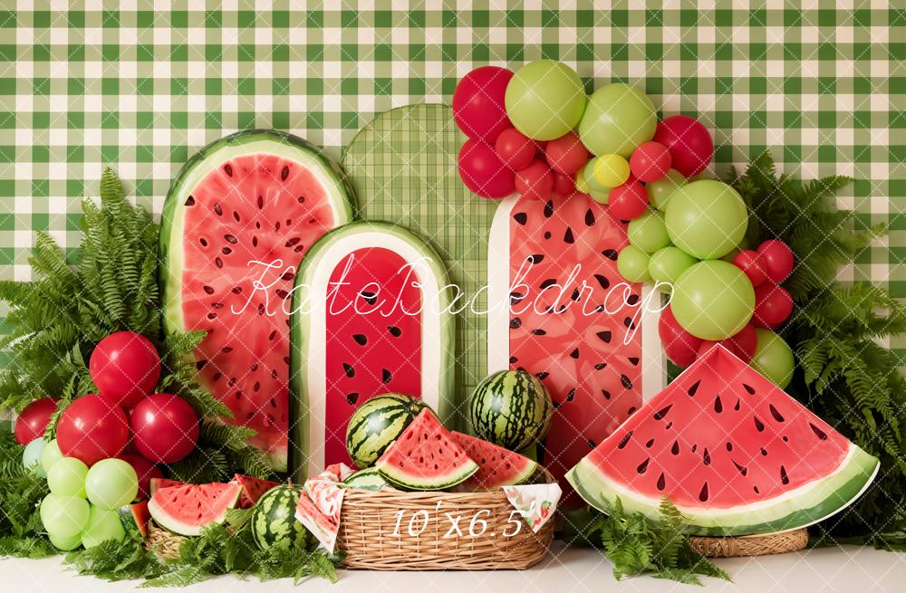 Kate Summer Watermelon Picnic Balloons Green Plaid Printed Backdrop Designed by Emetselch