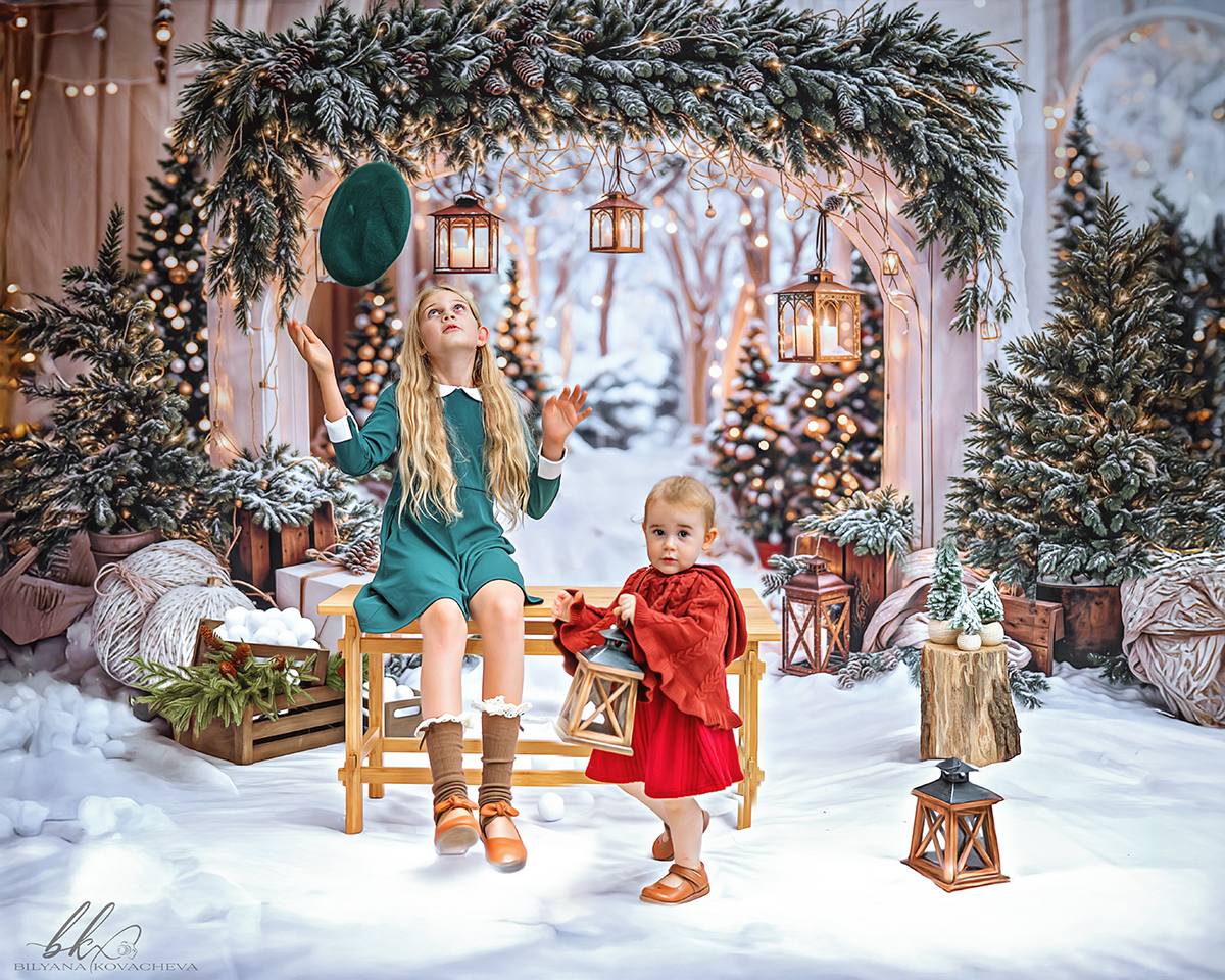 Kate Christmas Arch Garland Snow Trees Printed Backdrop Designed by Emetselch