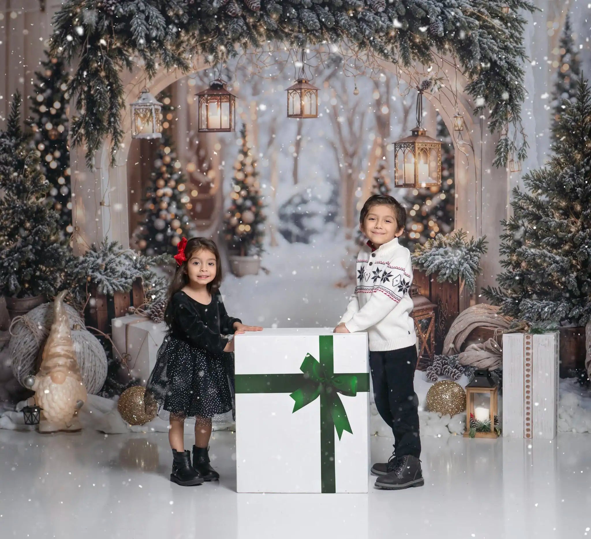 Kate Christmas Arch Garland Snow Trees Printed Backdrop Designed by Emetselch