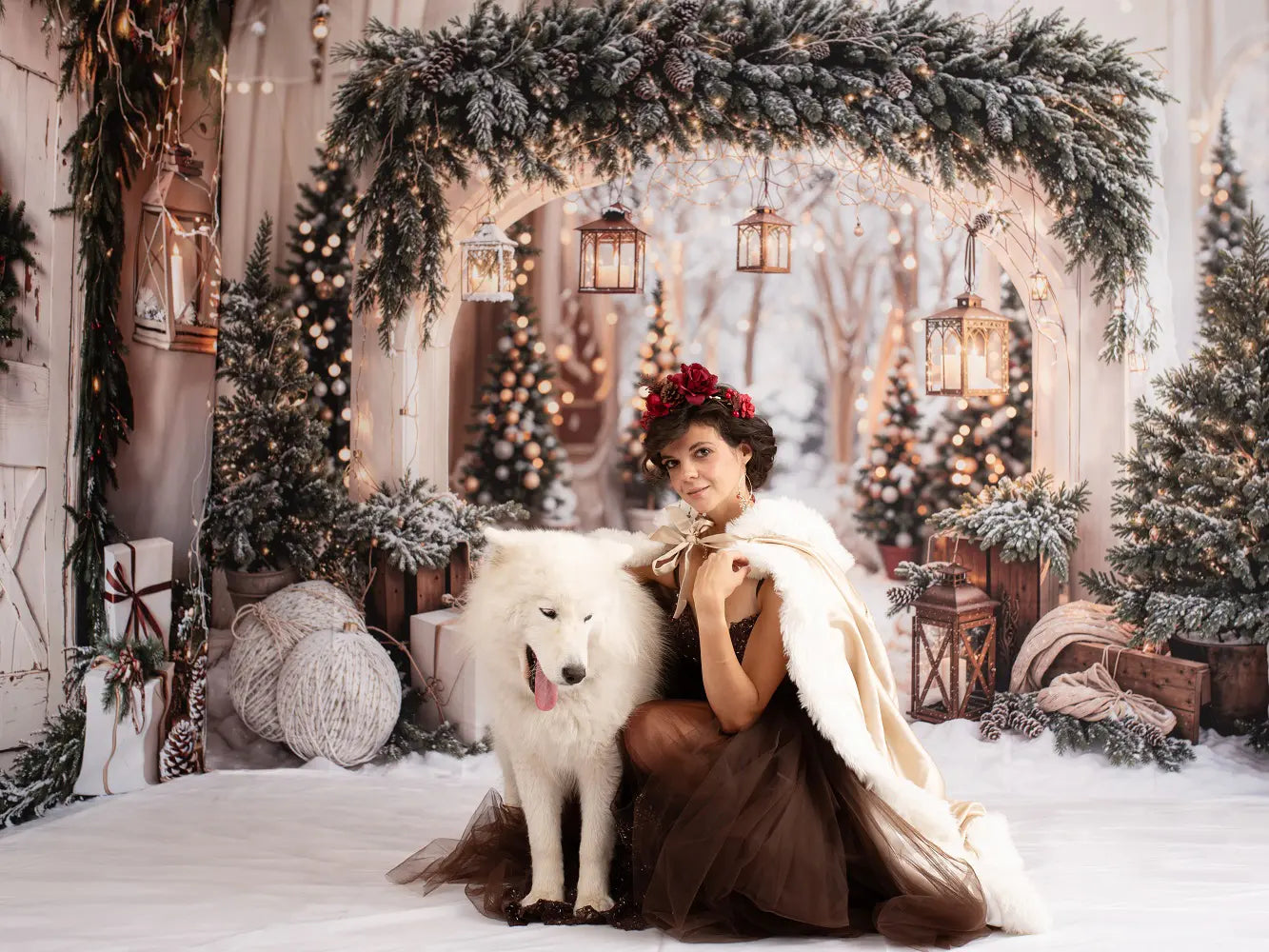 Kate Christmas Arch Garland Snow Trees Printed Backdrop Designed by Emetselch