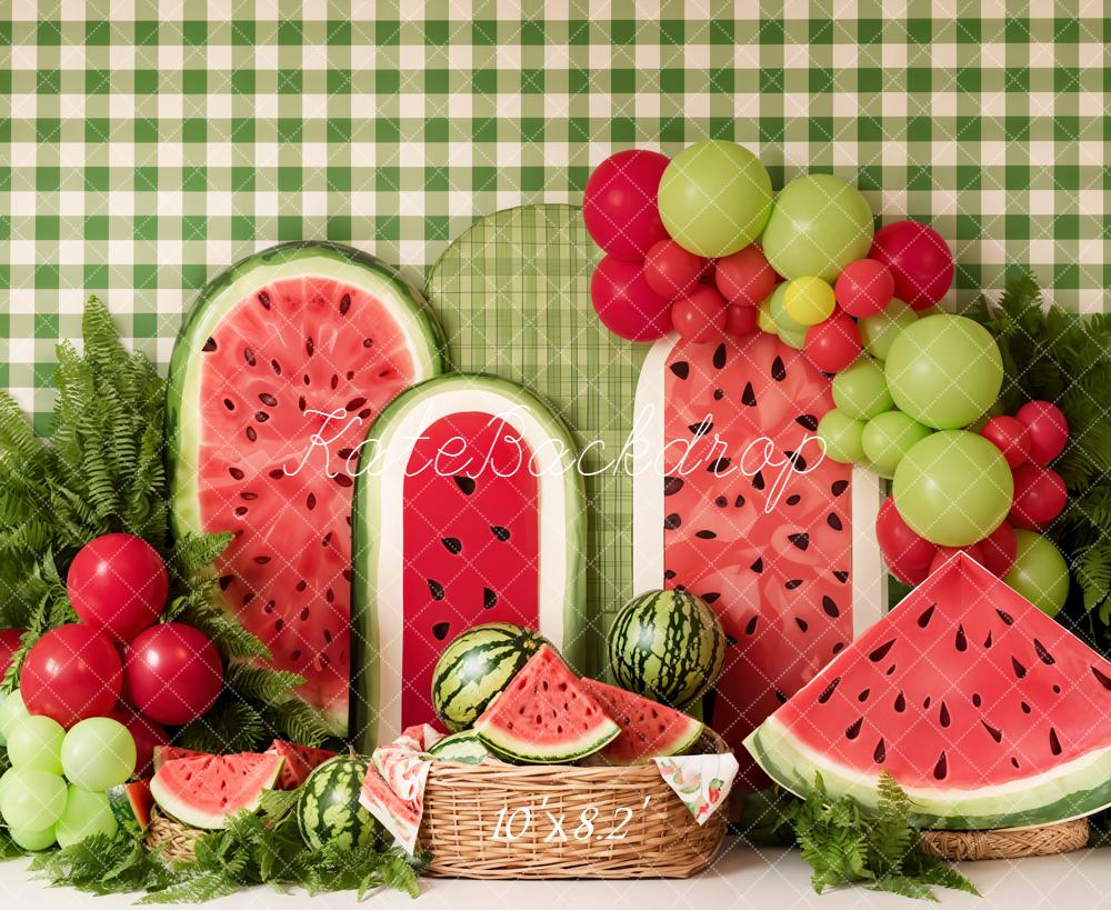 Kate Summer Watermelon Picnic Balloons Green Plaid Printed Backdrop Designed by Emetselch