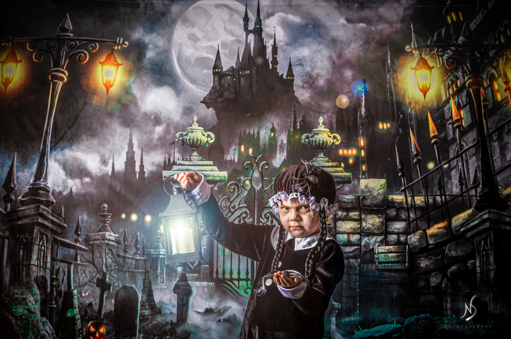 Kate Telón de fondo del castillo de la puerta de la noche de Halloween para fotografía