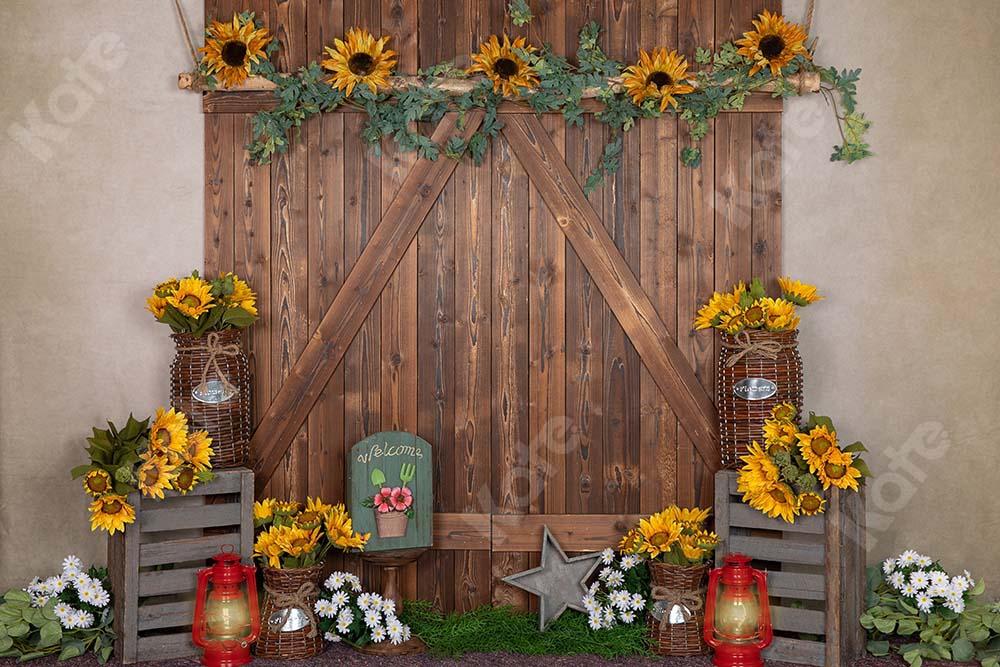 Kate Telón de fondo de puerta de madera marrón de girasoles de primavera diseñado por Emetselch