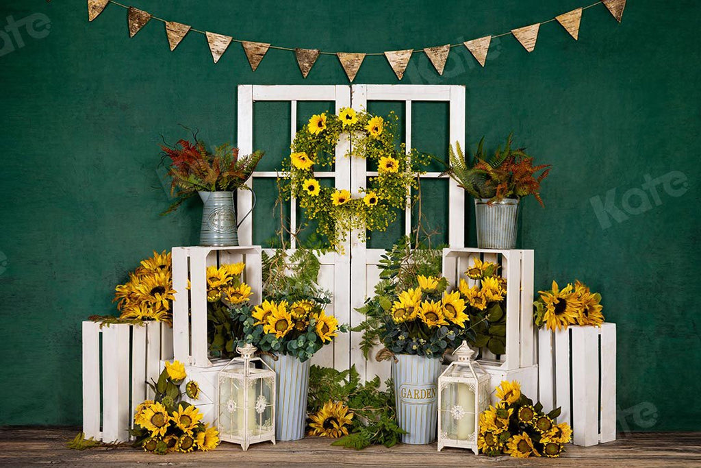 Kate Telón de fondo verde de puerta blanca de girasoles de primavera diseñado por Emetselch
