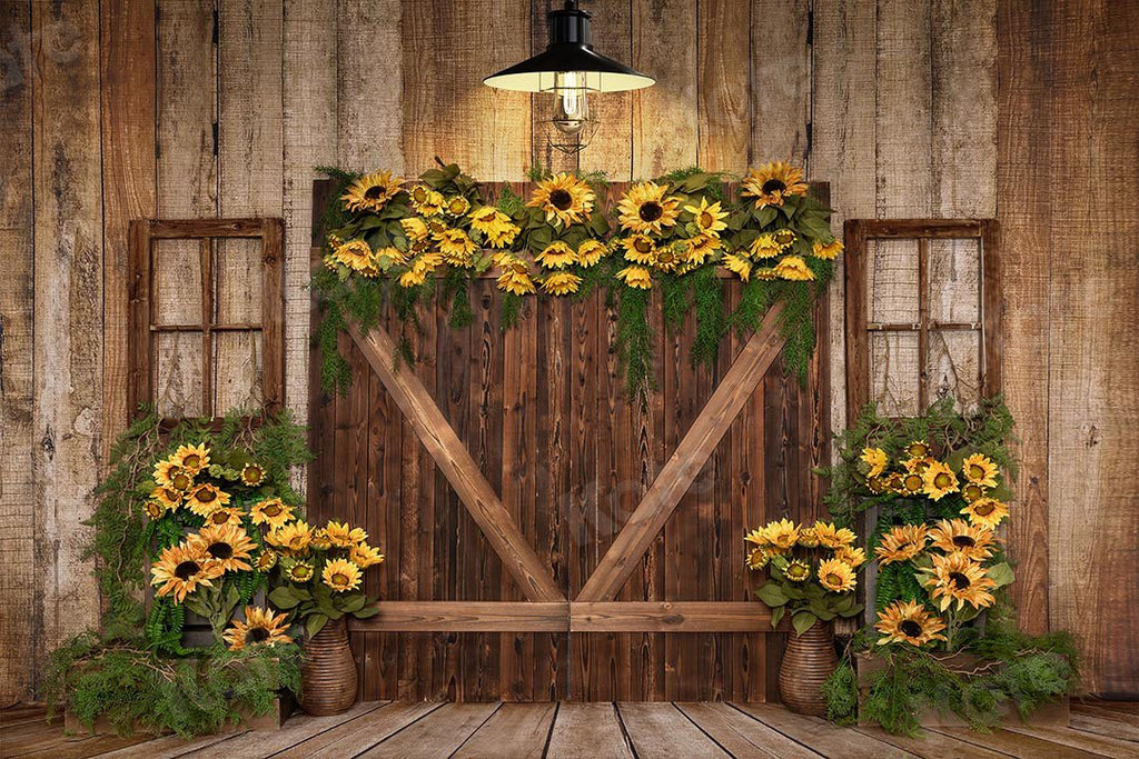 Kate Telón de fondo de puerta de madera con girasoles de primavera diseñado por Emetselch