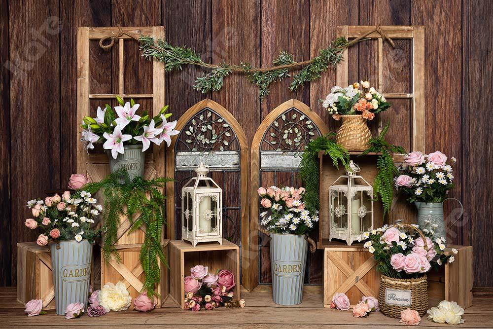 Kate Flores de primavera Puerta de madera Ventana Telón de fondo marrón Diseñado por Emetselch