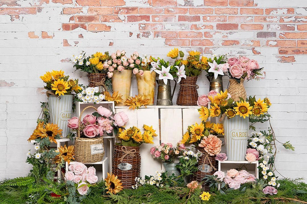 Kate Telón de fondo de pared de ladrillo de girasol de tienda de flores de primavera diseñado por Emetselch