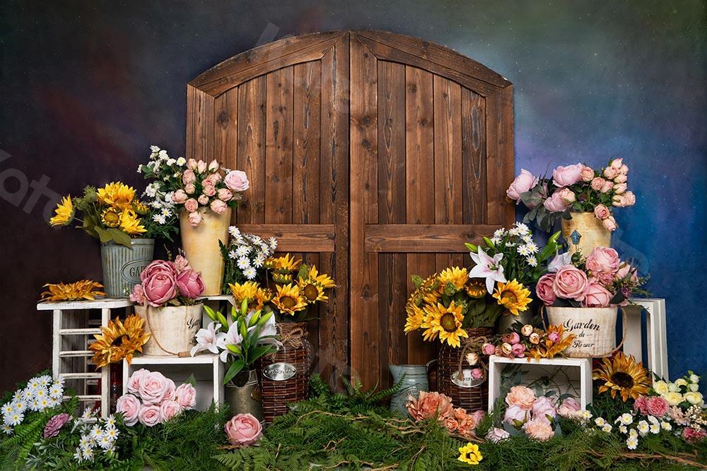 Kate Primavera / día de la madre Flores Puerta de la tienda Telón de fondo azul Diseñado por Emetselch