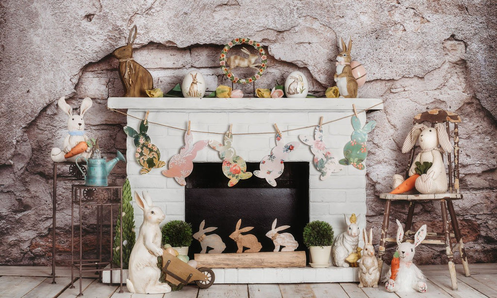 Kate Pascua / primavera Conejitos Zanahorias Chimenea Telón de fondo para fotografía diseñado por Rose Abbas
