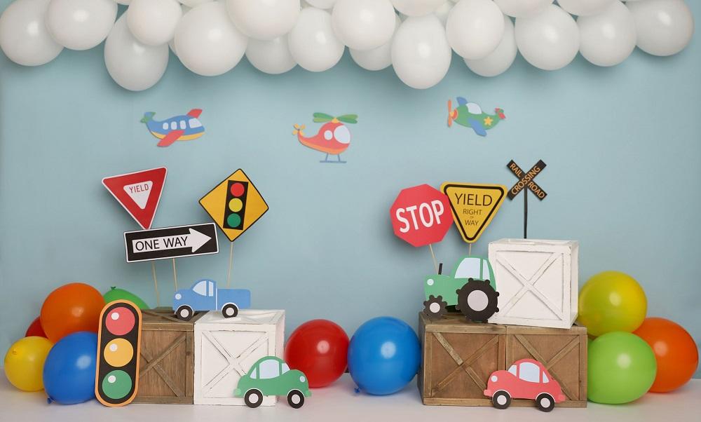 Kate Vistoso Cumpleaños Coches Camiones Aviones Telón de fondo para fotografía diseñado por Melissa King