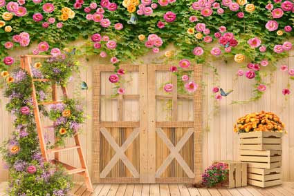 Kate jardín de flores de primavera puerta de madera Telón de fondo