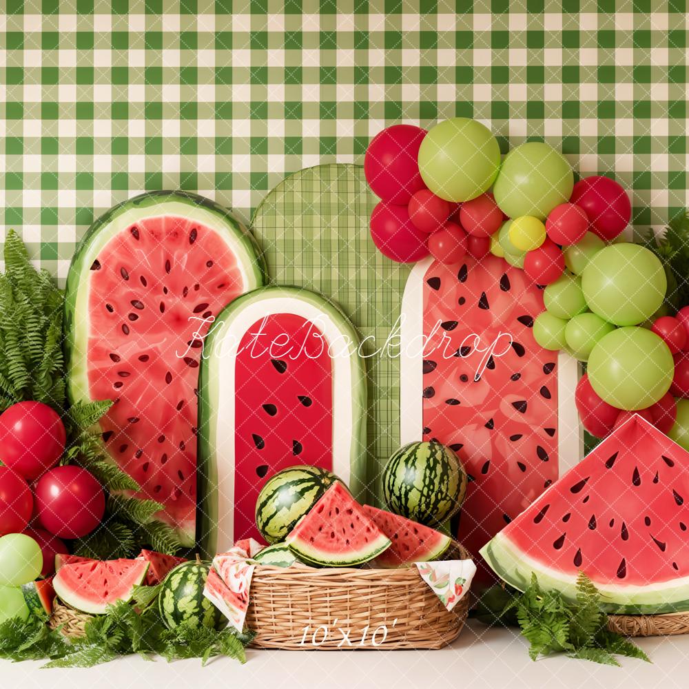 Kate Summer Watermelon Picnic Balloons Green Plaid Printed Backdrop Designed by Emetselch