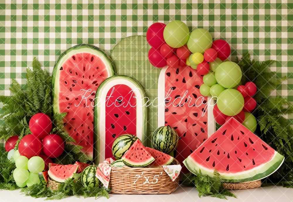 Kate Summer Watermelon Picnic Balloons Green Plaid Printed Backdrop Designed by Emetselch