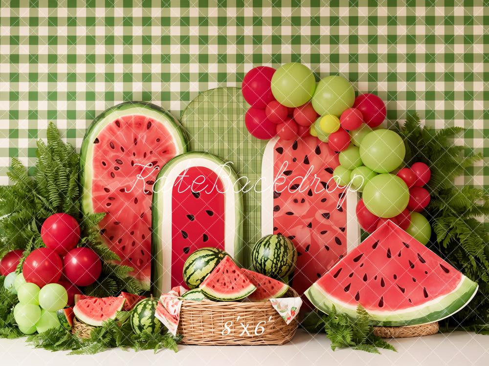 Kate Summer Watermelon Picnic Balloons Green Plaid Printed Backdrop Designed by Emetselch