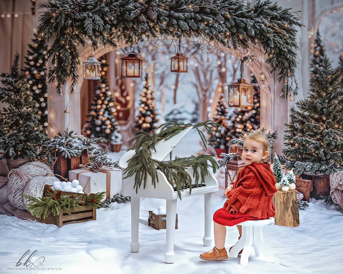 Kate Christmas Arch Garland Snow Trees Printed Backdrop Designed by Emetselch
