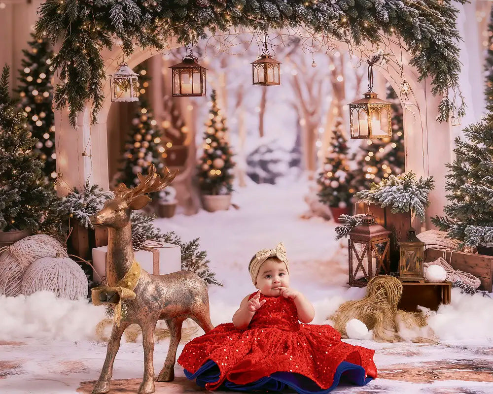 Kate Christmas Arch Garland Snow Trees Printed Backdrop Designed by Emetselch