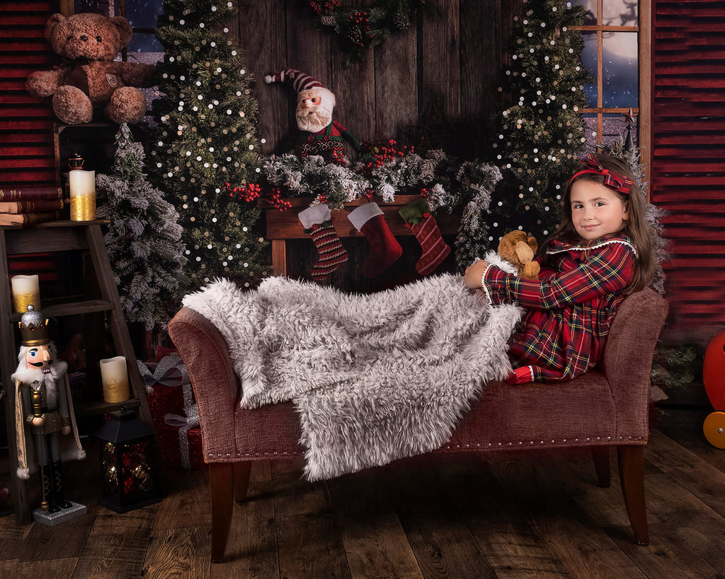 Kate Telón de fondo de oso de peluche de chimenea de Navidad vintage para fotografía