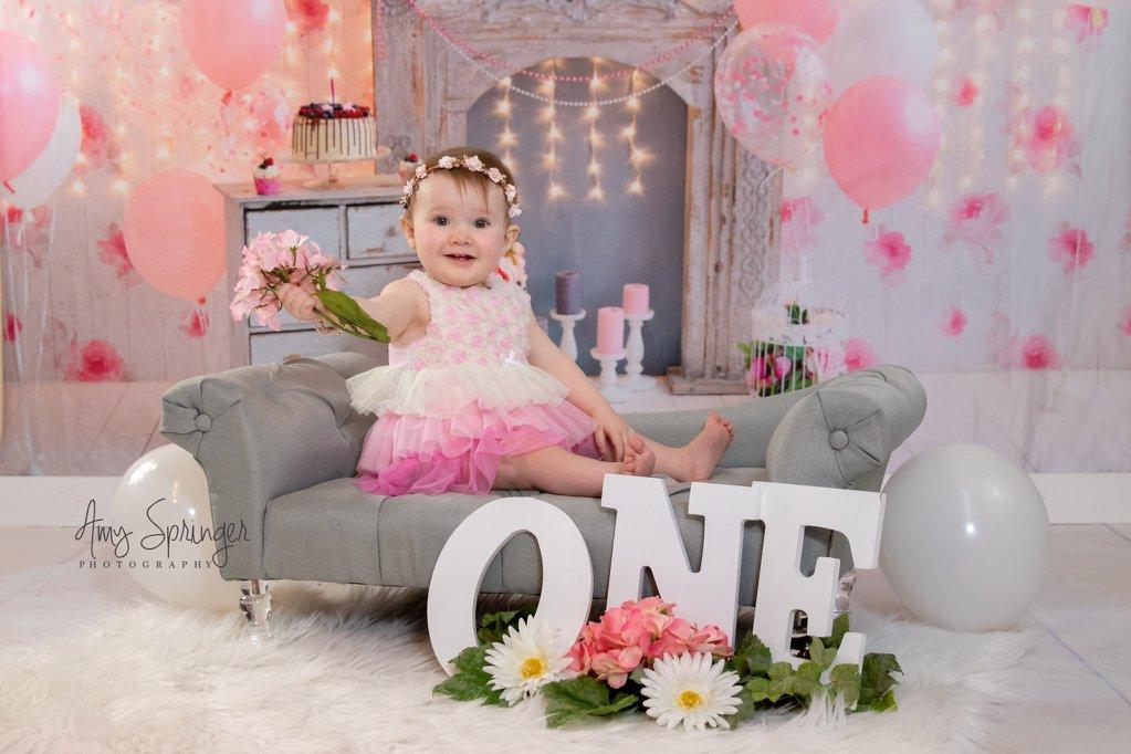 Katebackdrop£ºKate Cake Smash For Party Photography Pink 1st birthday Backdrop Balloons