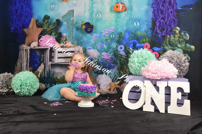 Katebackdrop：Kate mermaid under sea 1st birthday cake smash summer backdrop designed by studio gumot