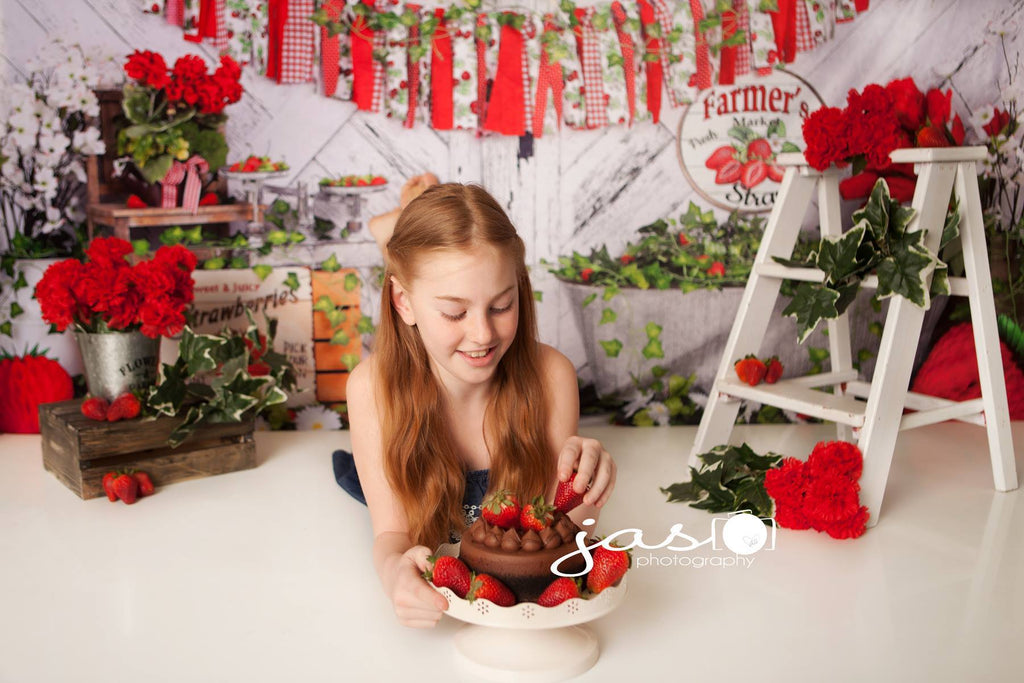 Katebackdrop£ºKate Summer Strawberry White Wooden Board With Banners Backdrop