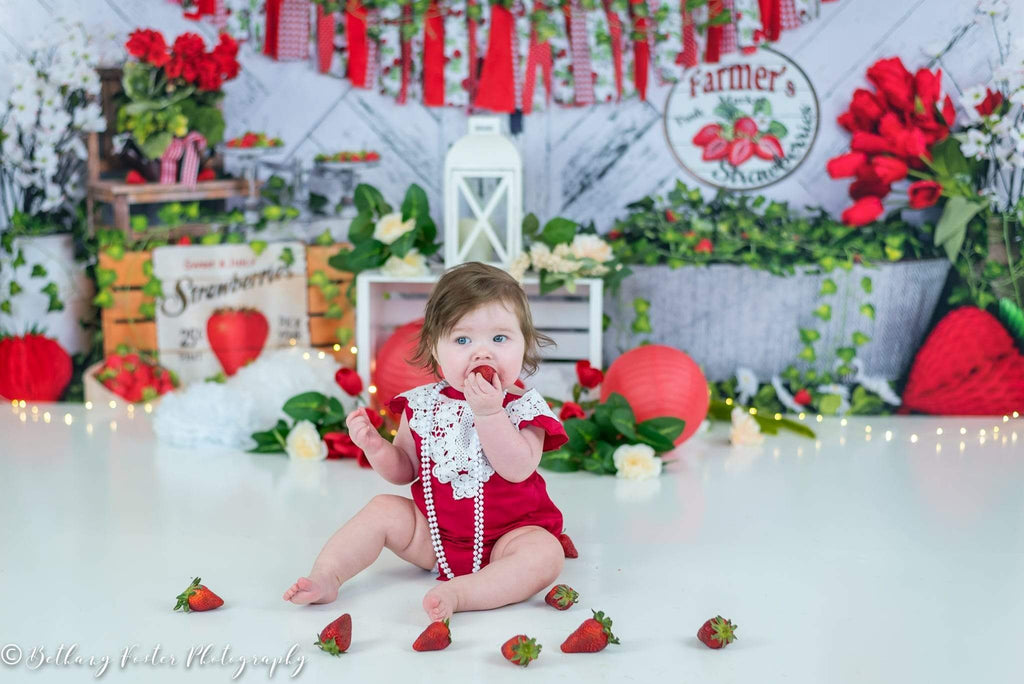 Katebackdrop£ºKate Summer Strawberry White Wooden Board With Banners Backdrop