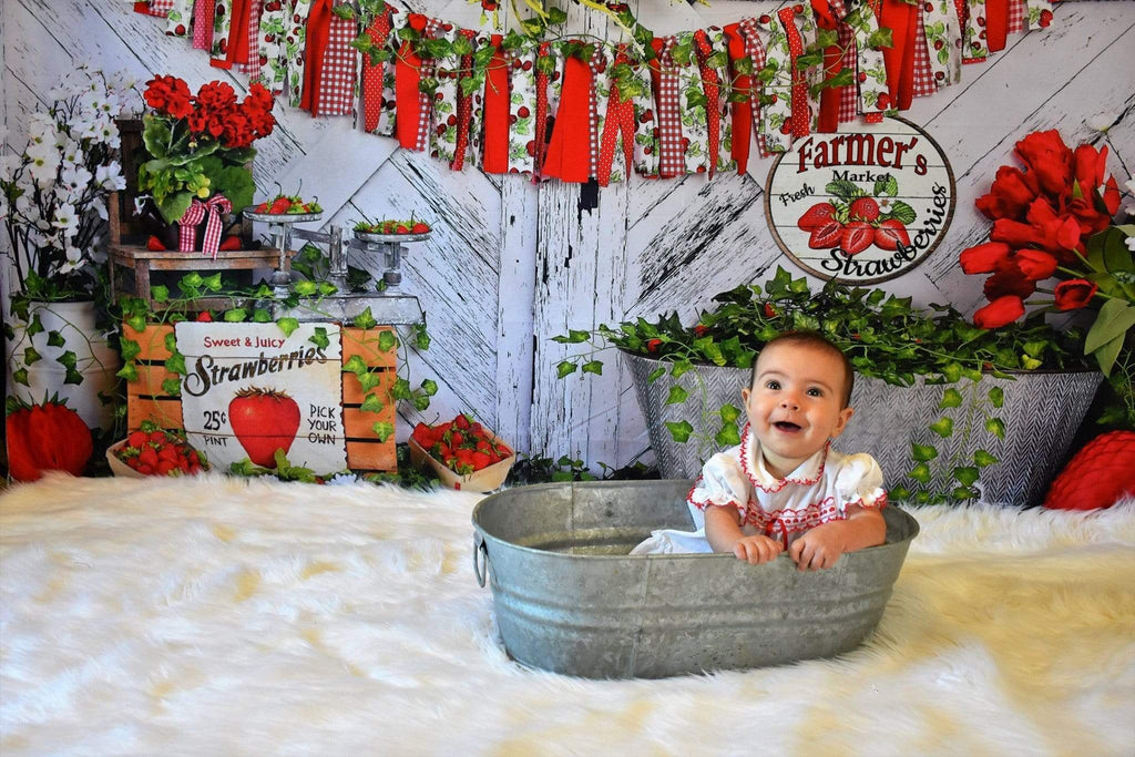 Katebackdrop£ºKate Summer Strawberry White Wooden Board With Banners Backdrop