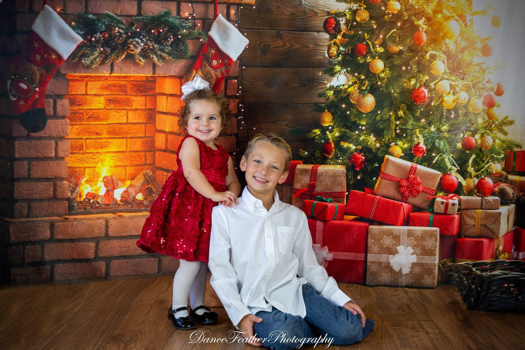Katebackdrop：Kate Winter Christmas trees  Fireplace  Stockings  Christmas Gifts for Pictures
