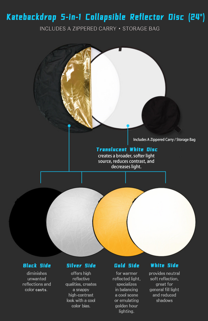 5-en-1 Reflector de fotografía redondo dorado y plateado para estudio Multi Photo Disc 24 "60cm