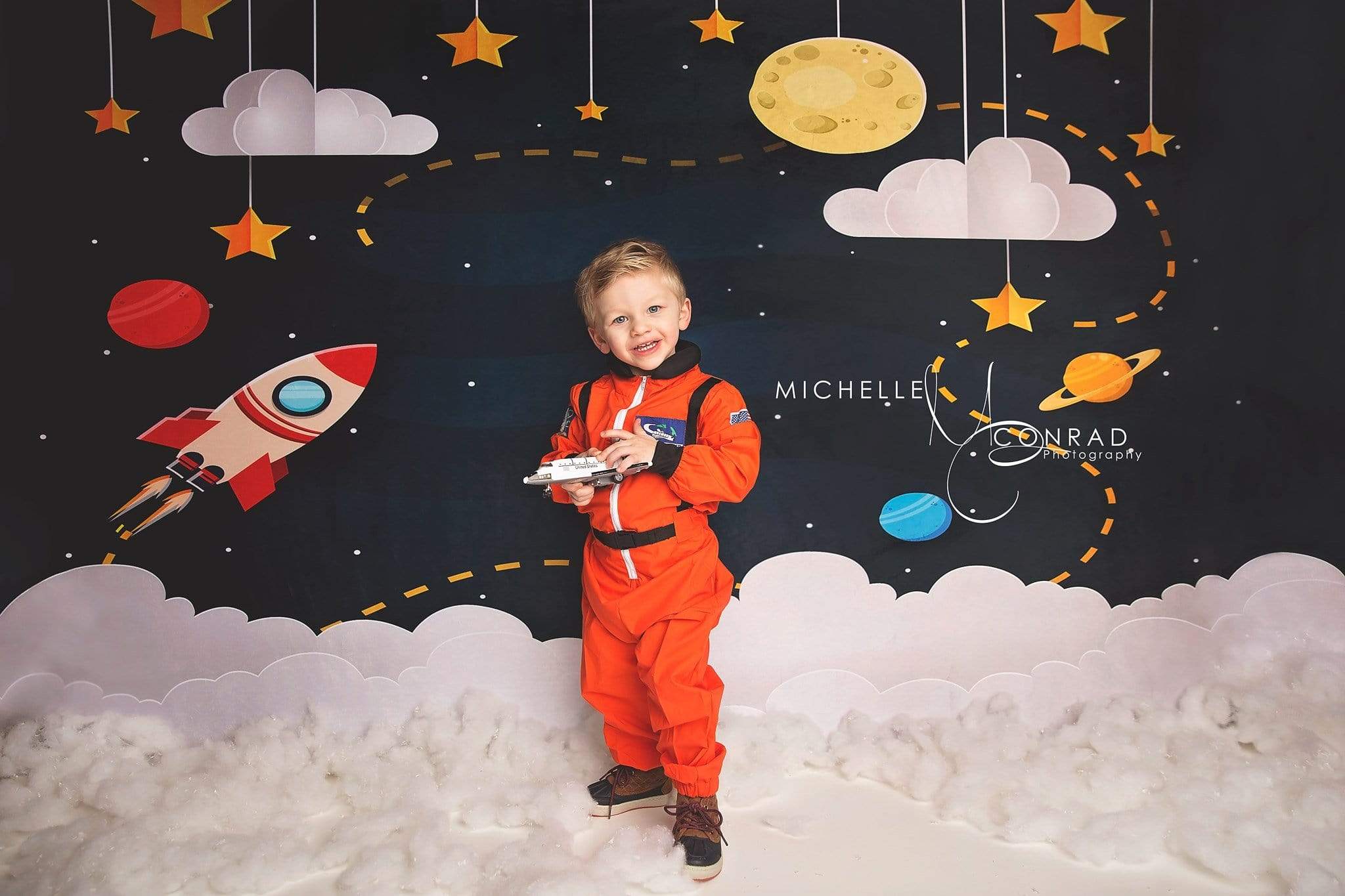Cargar imagen en el visor de la galería, Katebackdrop£ºKate Space with Stars Moons Rocket Children Backdrop for Photography Designed by Amanda Moffatt