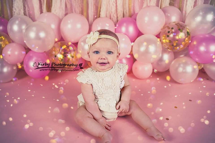 Katebackdrop：Kate Birthday Pink & Gold Ribbons with Balloons Backdrop Designed By Arica Kirby