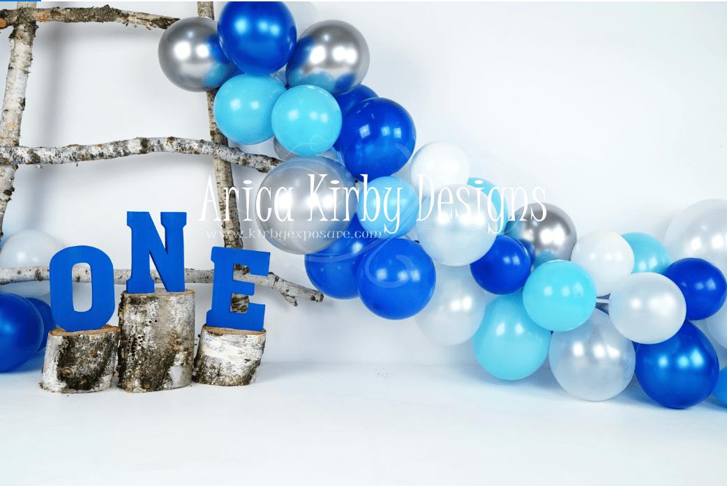 Cargar imagen en el visor de la galería, Katebackdrop£ºKate Birchy Blue Balloons First Birthday Backdrop Designed by Arica Kirby