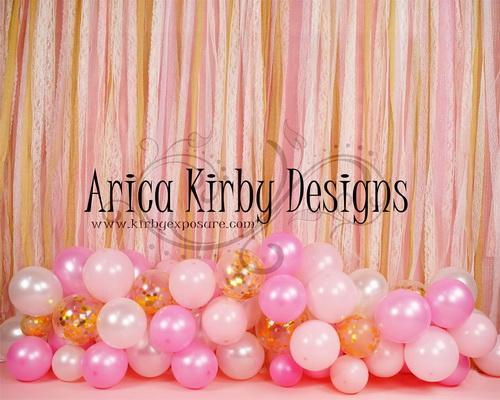 Katebackdrop：Kate Birthday Pink & Gold Ribbons with Balloons Backdrop Designed By Arica Kirby