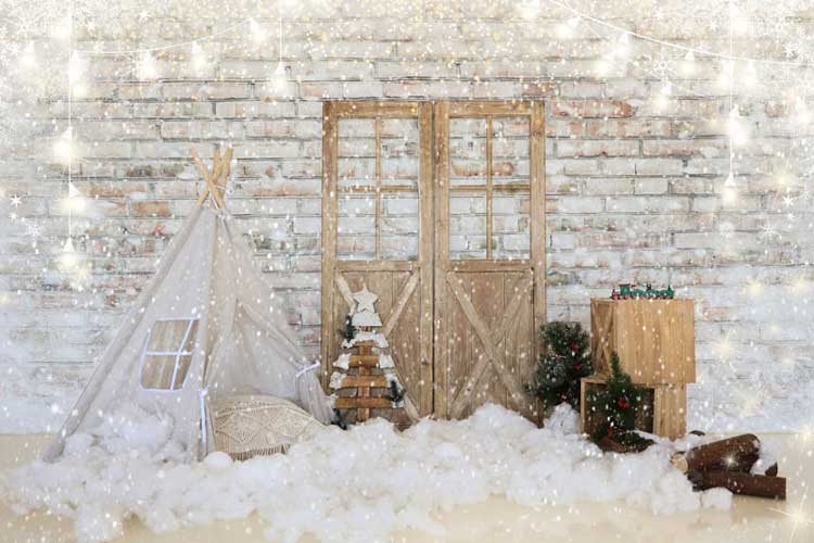 Kate Navidad tienda Puerta de madera Pared de ladrillo Telón de fondo para fotografía