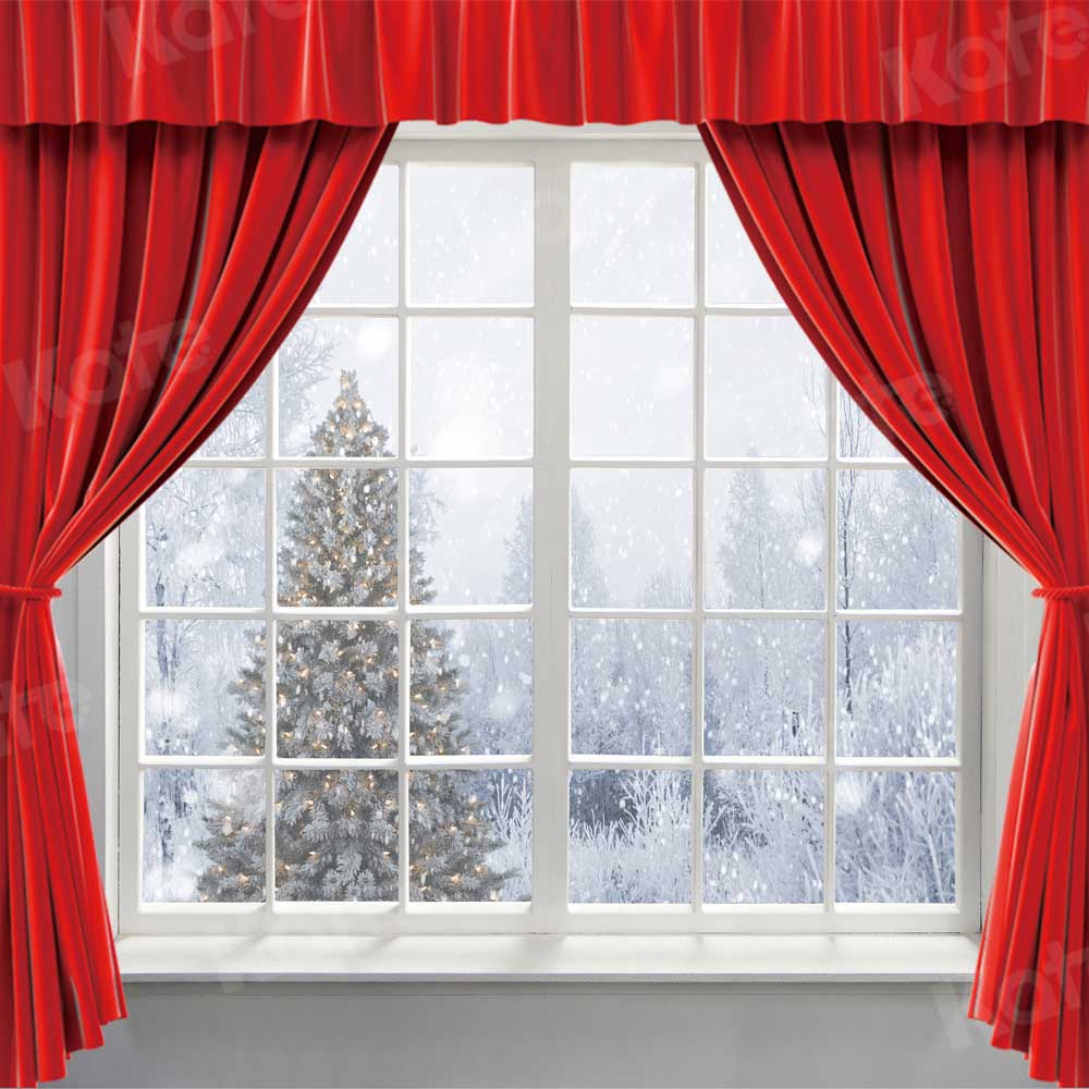 Kate Navidad Nieve fuera de la ventana Cortinas rojas Telón de fondo para fotografía