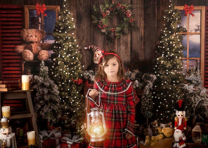 Kate Telón de fondo de oso de peluche de chimenea de Navidad vintage para fotografía
