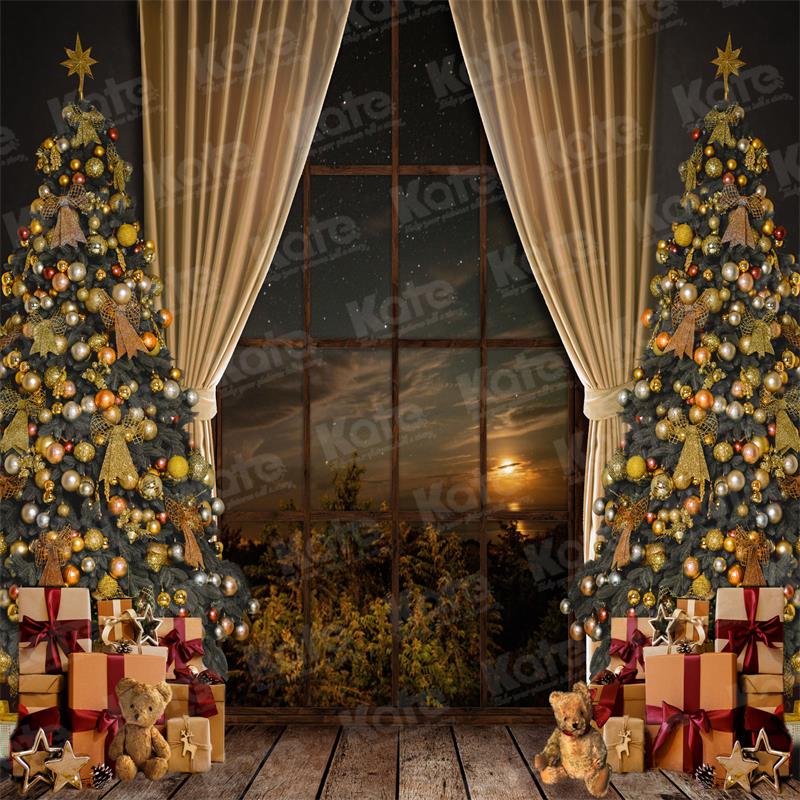 Kate Cálido telón de fondo de ventana de árboles de Navidad para fotografía