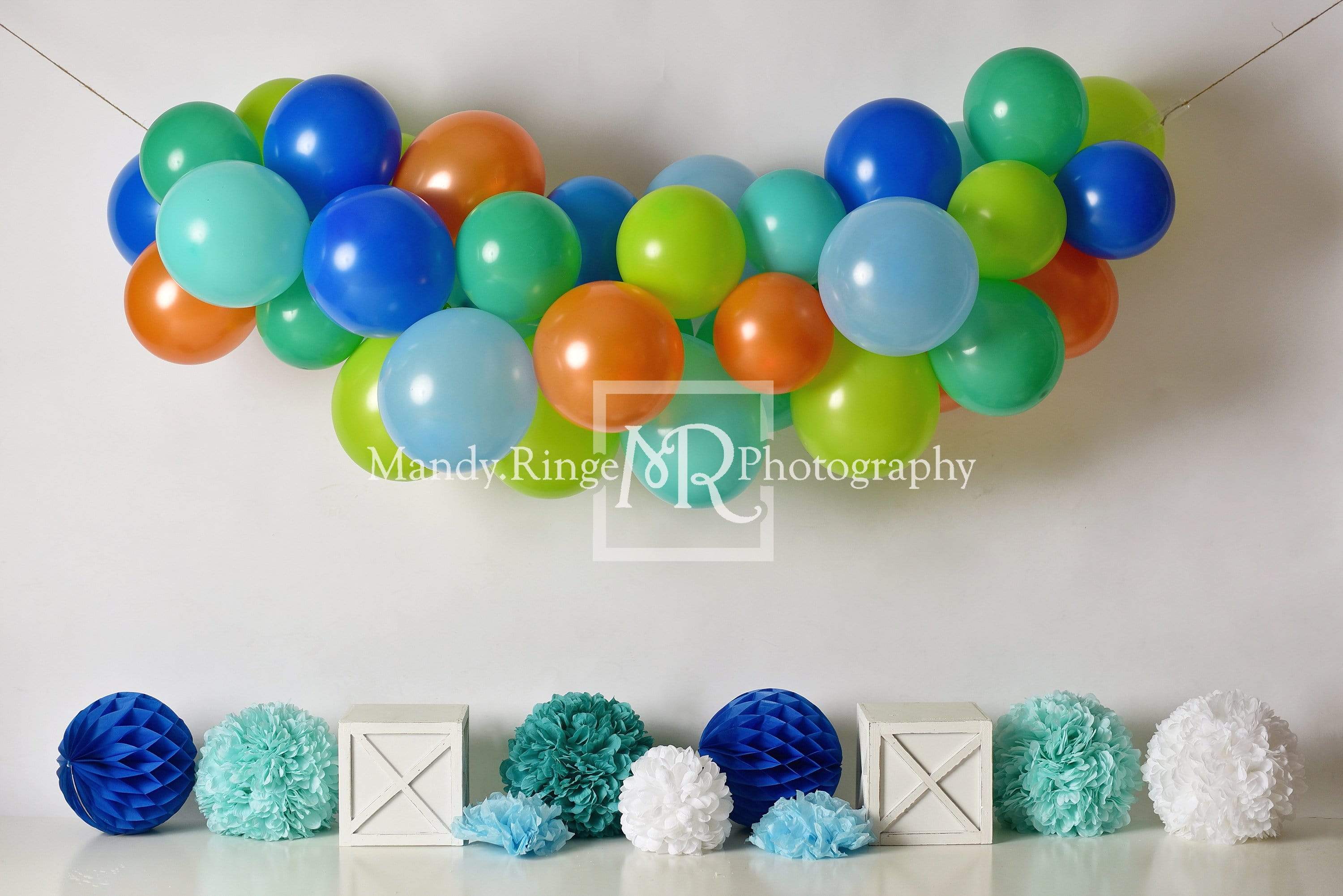 Katebackdrop：Kate Blue Orange Green Birthday Balloons Backdrop for Photography Designed By Mandy Ringe Photography