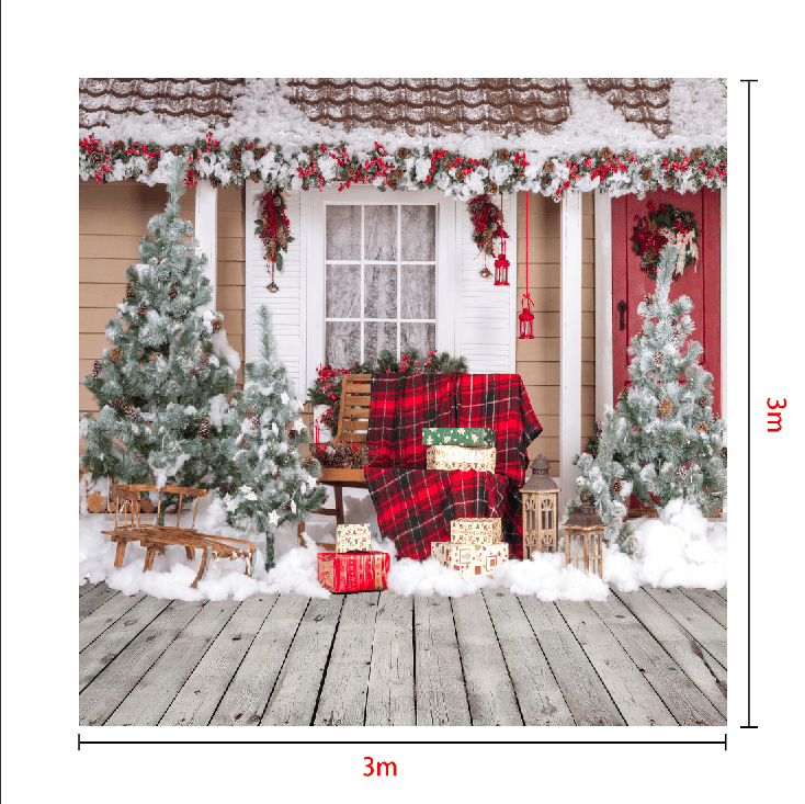 Katebackdrop：Kate Snow Outside House With Christmas Trees And Gifts for Photography