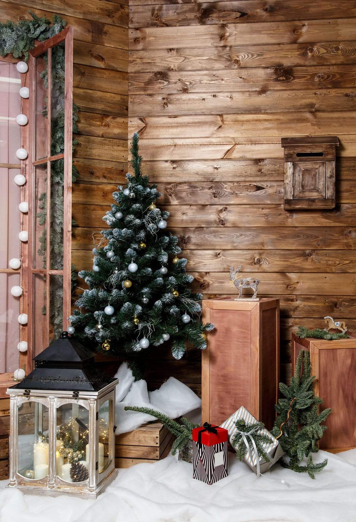Cargar imagen en el visor de la galería, Katebackdrop：Kate Wood Wall And Christmas Tree With Decorations for Photography