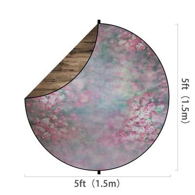 Cargar imagen en el visor de la galería, Kate brown wood / pink flowers fotografía de fondo plegable redonda 1.5x1.5m
