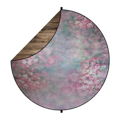 Cargar imagen en el visor de la galería, Kate brown wood / pink flowers fotografía de fondo plegable redonda 1.5x1.5m