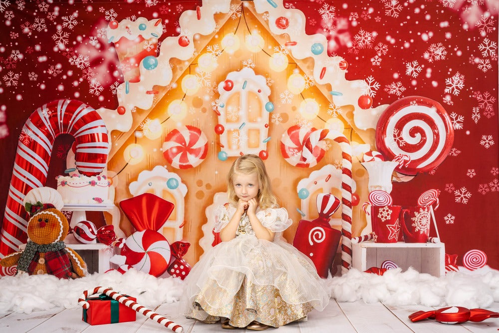 Kate Telón de fondo de dulces de casa de pan de jengibre de Navidad para fotografía