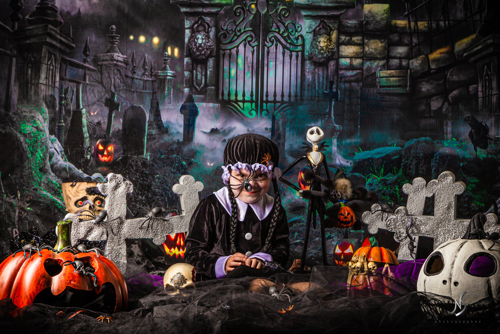 Kate Telón de fondo del castillo de la puerta de la noche de Halloween para fotografía