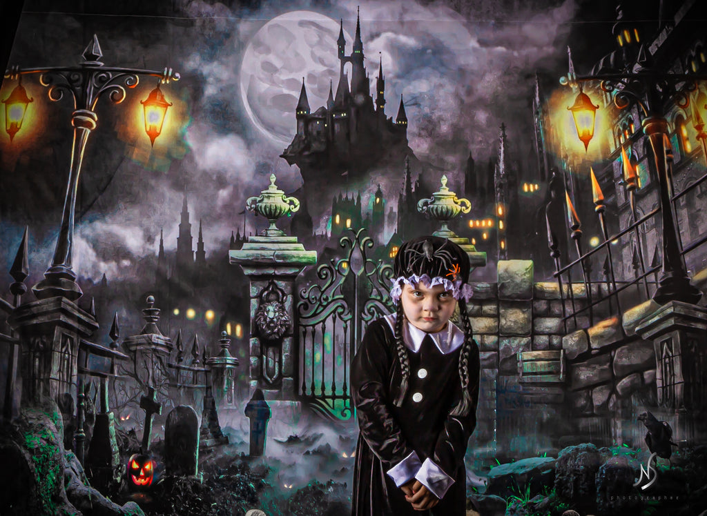 Kate Telón de fondo del castillo de la puerta de la noche de Halloween para fotografía