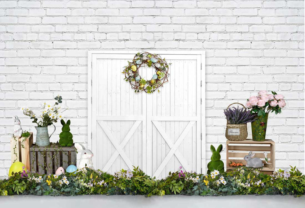 Kate Fondo de puerta de granero con decoraciones de primavera y Pascua diseñado por Victoria