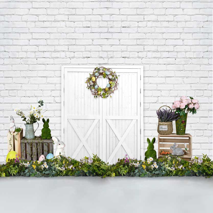 Kate Fondo de puerta de granero con decoraciones de primavera y Pascua diseñado por Victoria