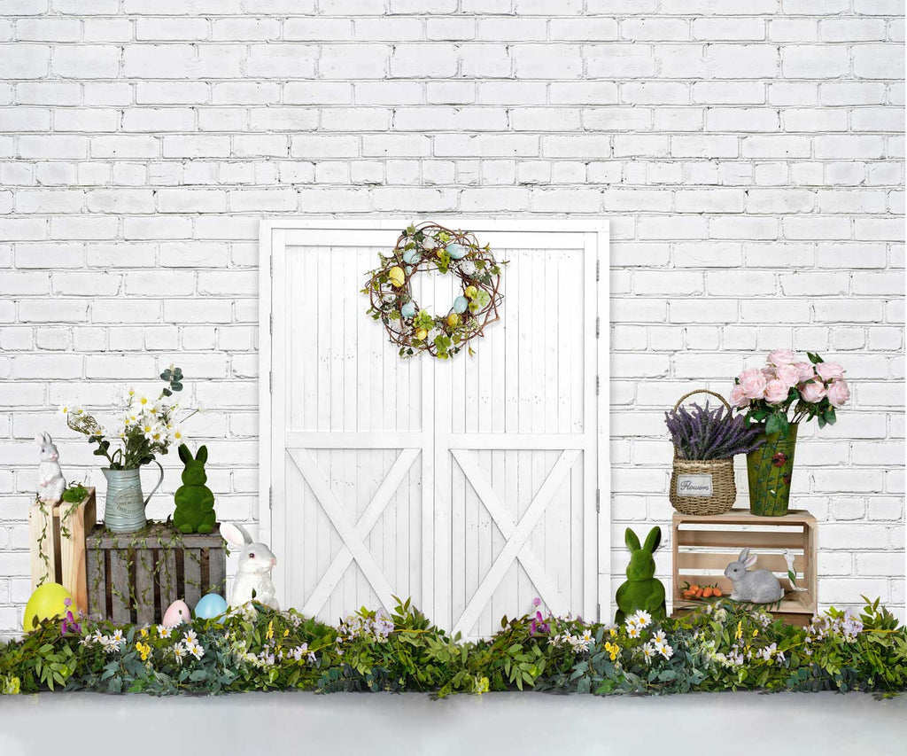 Kate Fondo de puerta de granero con decoraciones de primavera y Pascua diseñado por Victoria