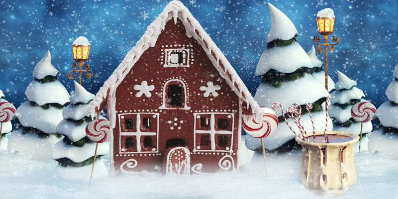 Kate Fondo de nieve de casa de pan de jengibre de Navidad para fotografía