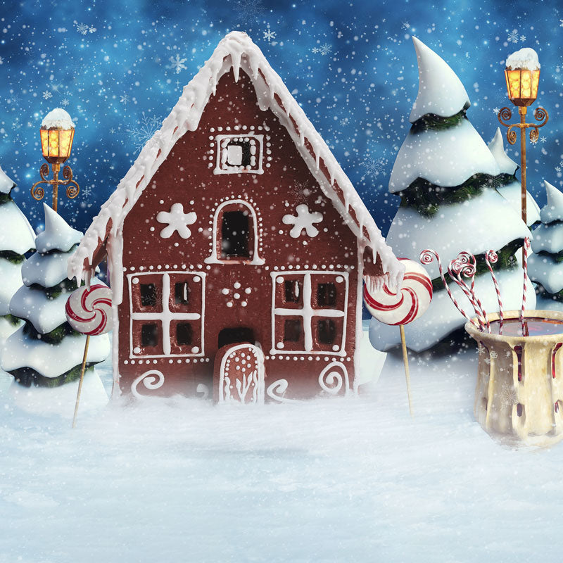 Kate Fondo de nieve de casa de pan de jengibre de Navidad para fotografía