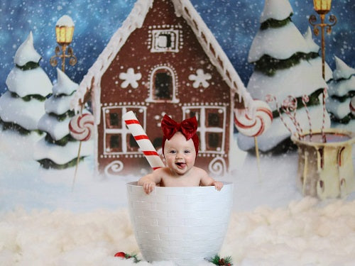 Kate Fondo de nieve de casa de pan de jengibre de Navidad para fotografía